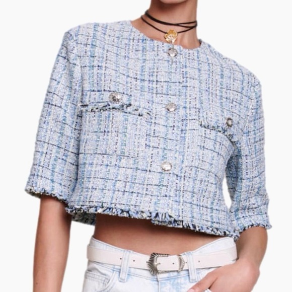 NEW Maje Tweed Jacket Sz 38 Silver Metallic Thread Blue - Picture 4 of 15